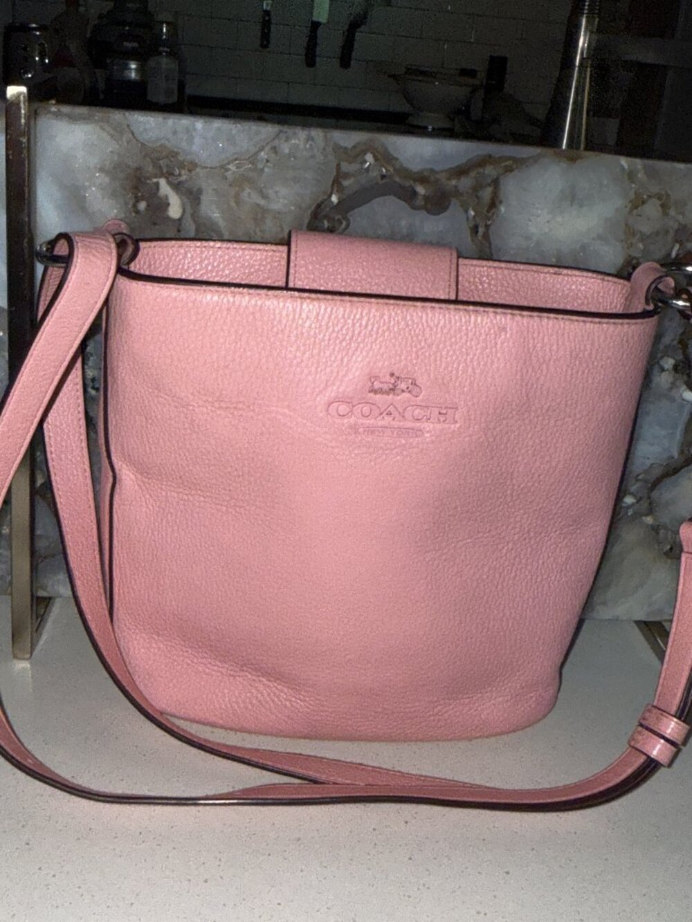 Coach Pink Pebbled Leather Bucket Bag w/ Crossbody Strap